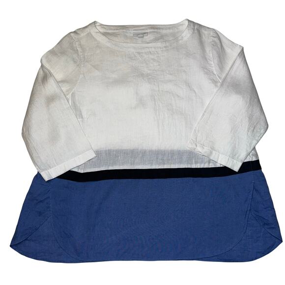 J.Jill Women’s Size Medium Petite Blue White Linen Colorblock Tunic Top Casual - Picture 4 of 8